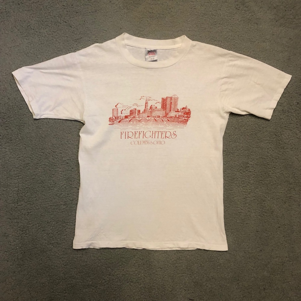 Single Stich Vtg 90s Firefighters Columbus Ohio T Shirt White Med/Large Oneita